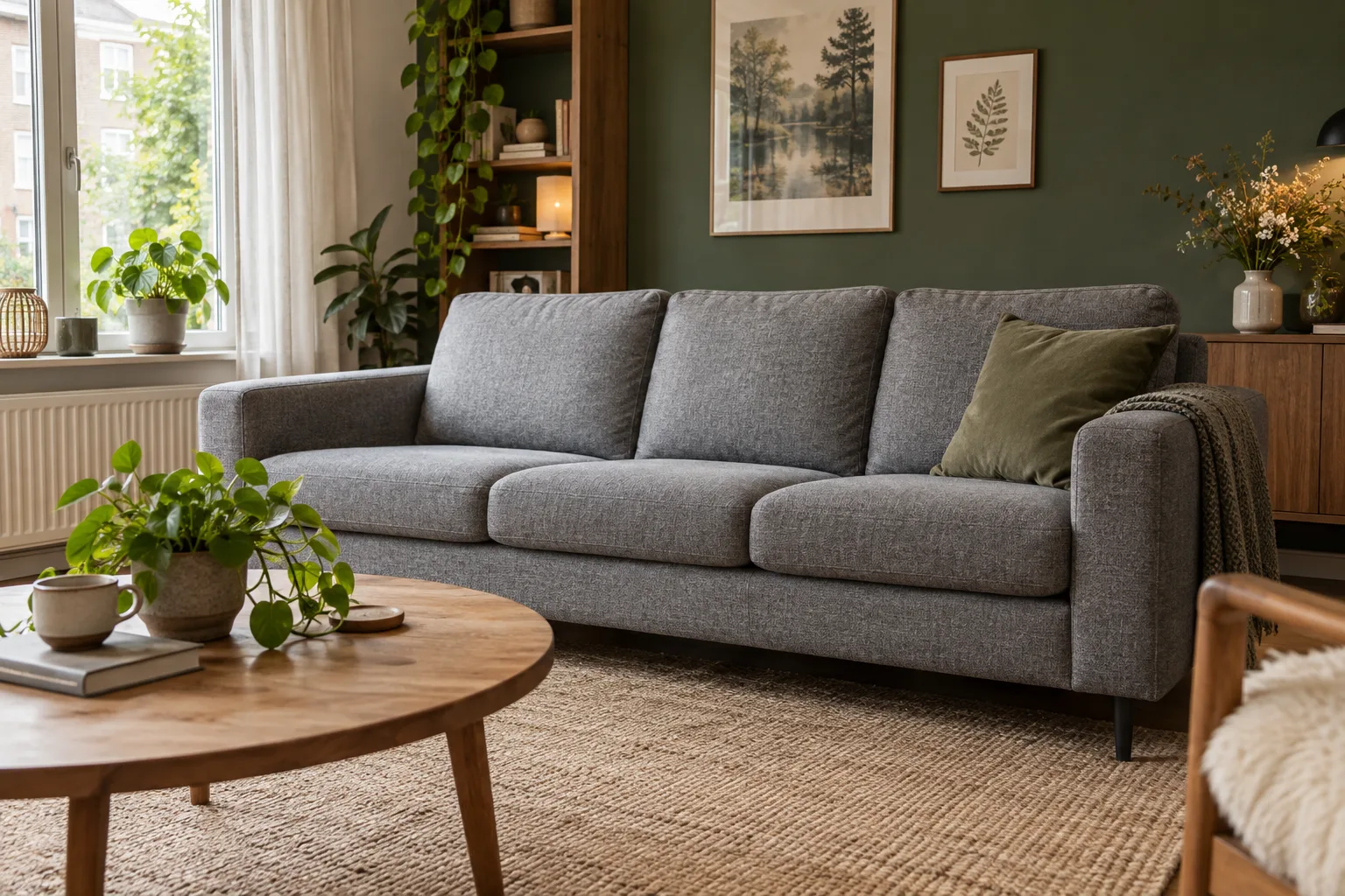 Grijze bank in een woonkamer